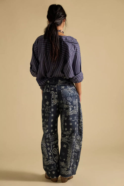 Good Luck Printed Barrel Denim Jeans - We The Free - We The Free by Free People - Navy Bandana